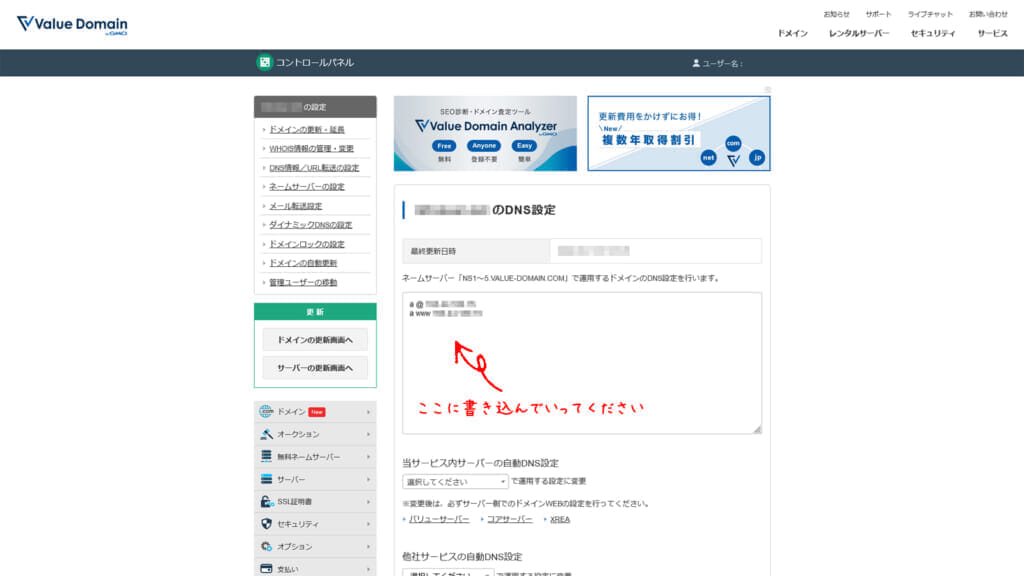 バリュードメインDNSレコード書き込み例の画像